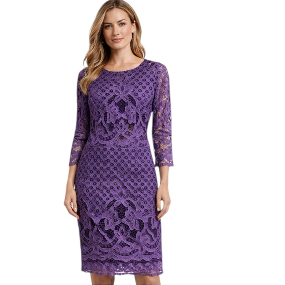 J Taylor Purple Lace Dress Size 8 Sheath 3/4 Sleeve Elegant Party